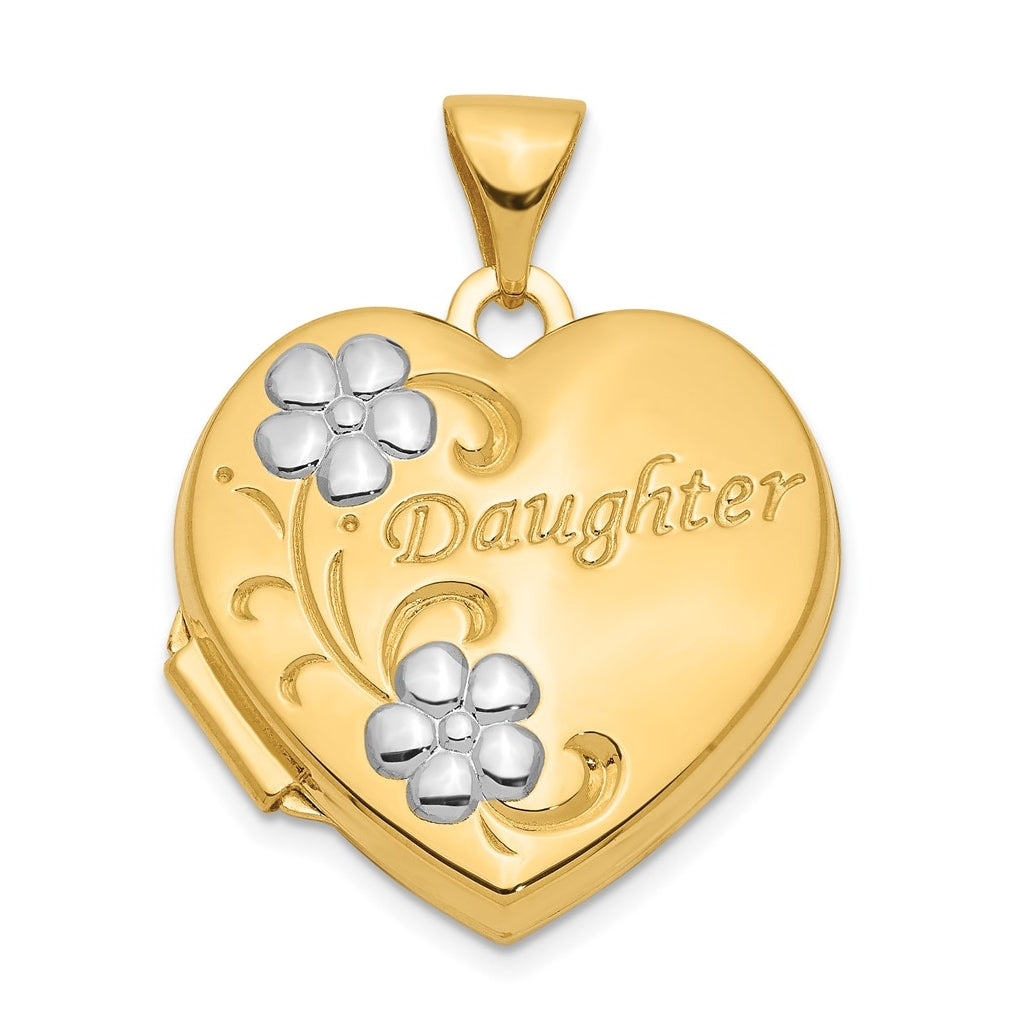 14K Yellow Gold w/ Rhodium DAUGHTER Floral 18mm Heart Locket – Elegant Jewelry Gift for Birthday, Anniversary, Engagement, Wedding