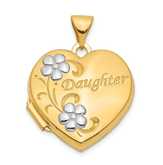 14K Yellow Gold w/ Rhodium DAUGHTER Floral 18mm Heart Locket – Elegant Jewelry Gift for Birthday, Anniversary, Engagement, Wedding