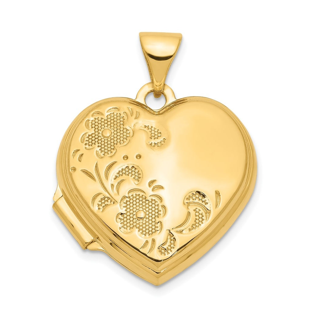 14K Yellow Gold 18mm Polished Heart-Shaped Floral Locket – Elegant Jewelry Gift for Birthday, Anniversary, Engagement, Wedding