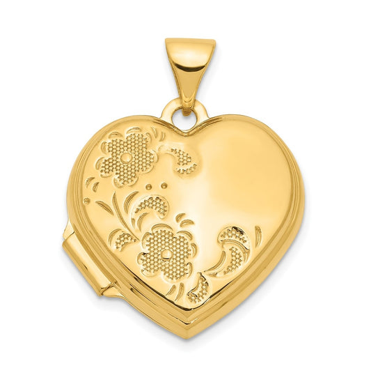 14K Yellow Gold 18mm Polished Heart-Shaped Floral Locket – Elegant Jewelry Gift for Birthday, Anniversary, Engagement, Wedding