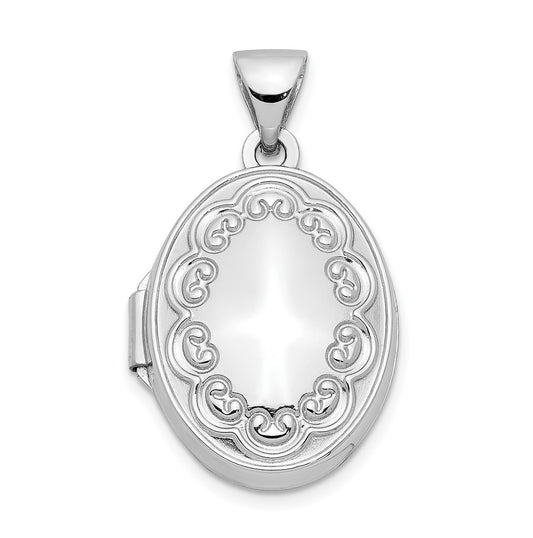 14K White Gold 17mm Oval Embossed Border Locket – Elegant Jewelry Gift for Birthday, Anniversary, Engagement, Wedding