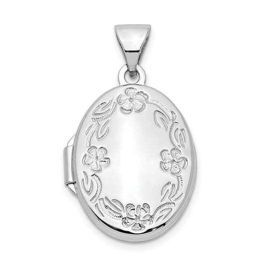 14k White Gold 17mm Oval Leaf Floral Hand Engraved Locket – Elegant Jewelry Gift for Birthday, Anniversary, Engagement, Wedding