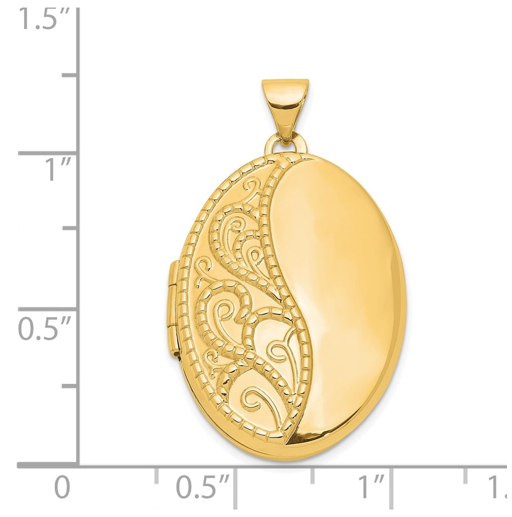 14K Yellow Gold 26mm Oval 1/2 Hand Engraved Locket – Elegant Jewelry Gift for Birthday, Anniversary, Engagement, Wedding