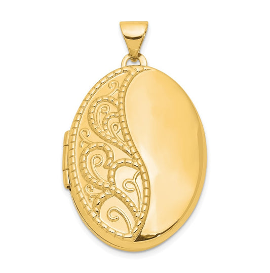 14K Yellow Gold 26mm Oval 1/2 Hand Engraved Locket – Elegant Jewelry Gift for Birthday, Anniversary, Engagement, Wedding
