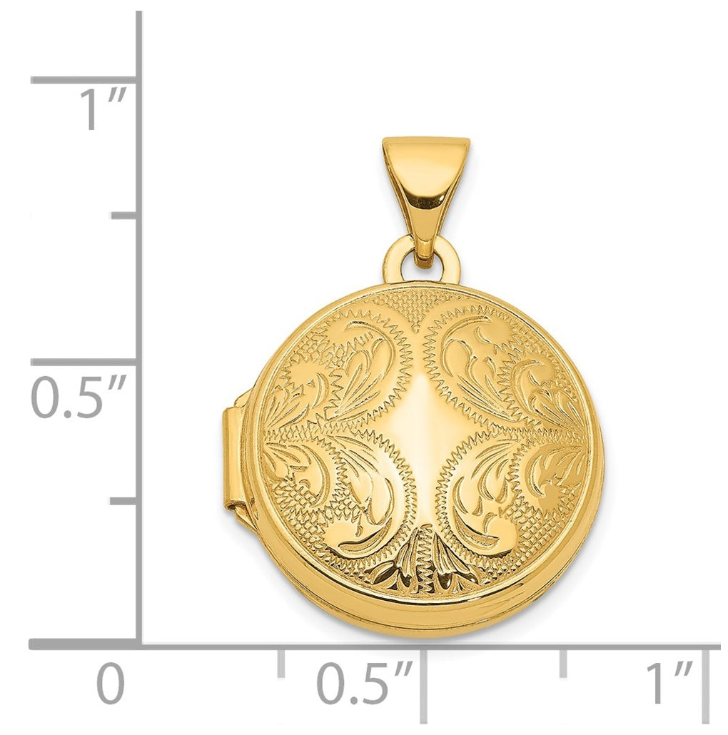 14K Yellow Gold 16mm Round Locket with Scroll Design – Elegant Jewelry Gift for Birthday, Anniversary, Engagement, Wedding