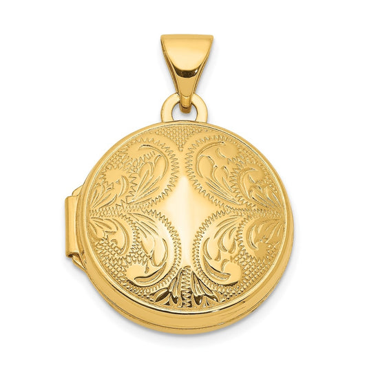 14K Yellow Gold 16mm Round Locket with Scroll Design – Elegant Jewelry Gift for Birthday, Anniversary, Engagement, Wedding