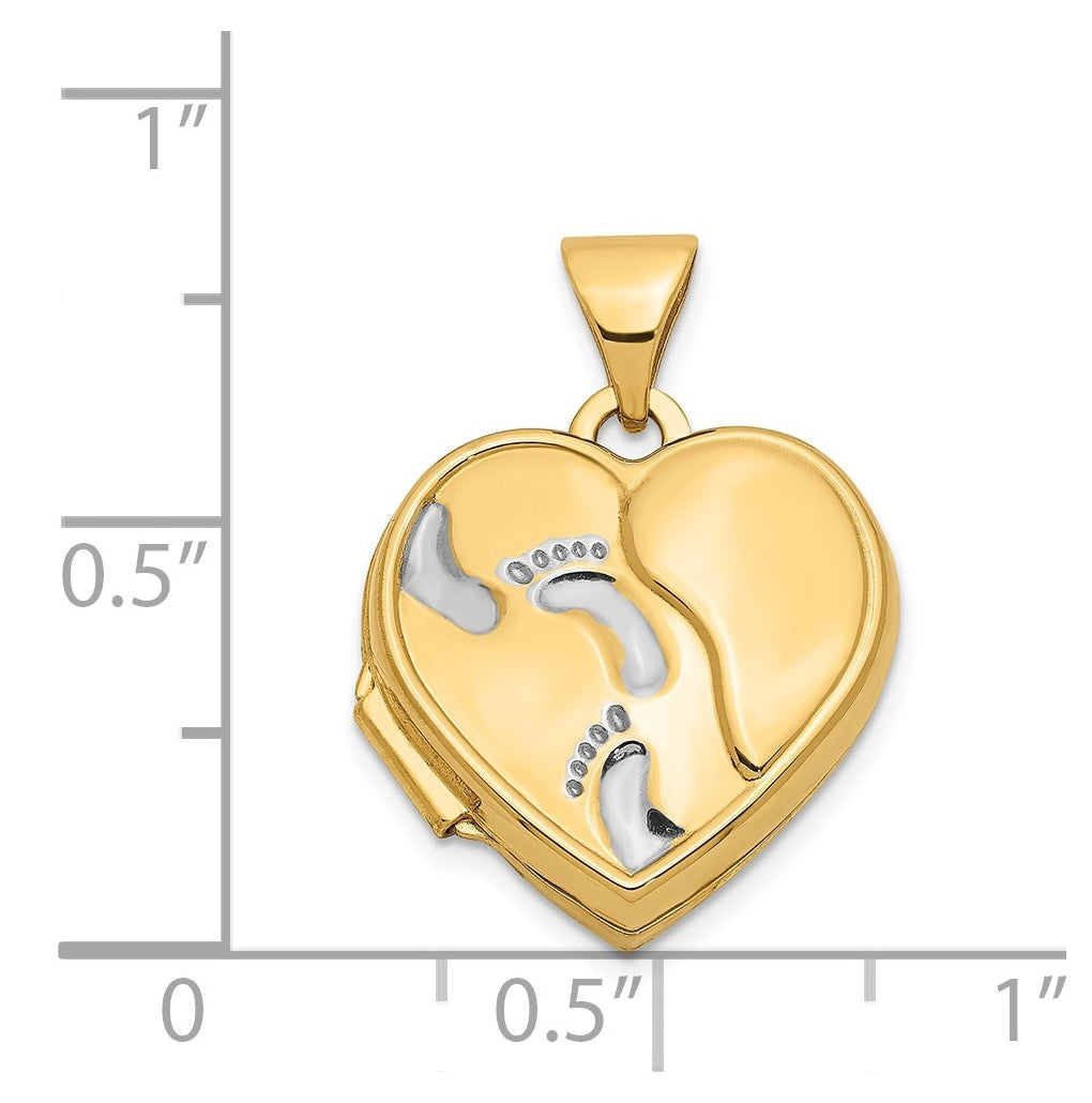 14K Yellow Gold w/Rhodium 15mm Heart Foot Prints Locket – Elegant Jewelry Gift for Birthday, Anniversary, Engagement, Wedding
