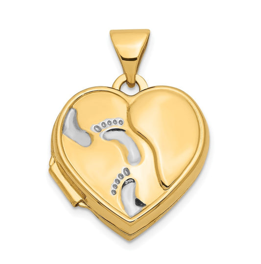 14K Yellow Gold w/Rhodium 15mm Heart Foot Prints Locket – Elegant Jewelry Gift for Birthday, Anniversary, Engagement, Wedding