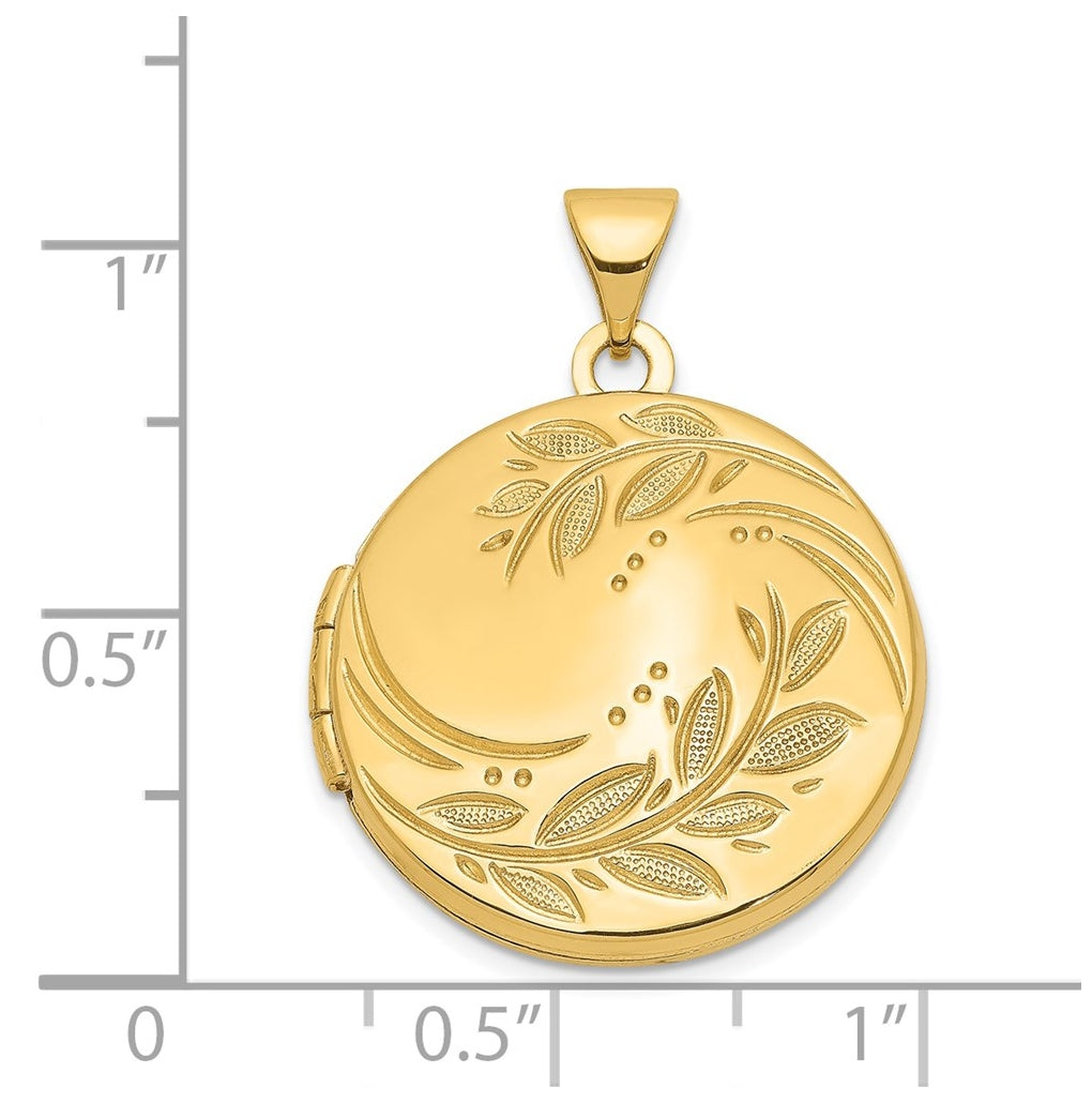 14K Yellow Gold 20mm Round Leaf Floral Locket – Elegant Jewelry Gift for Birthday, Anniversary, Engagement, Wedding