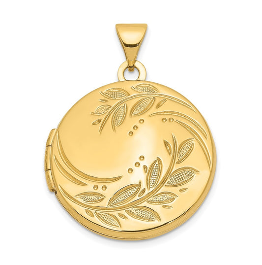 14K Yellow Gold 20mm Round Leaf Floral Locket – Elegant Jewelry Gift for Birthday, Anniversary, Engagement, Wedding