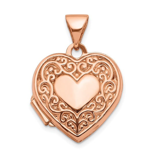 14k Rose Gold 15mm Scroll Heart Locket – Elegant Jewelry Gift for Birthday, Anniversary, Engagement, Wedding