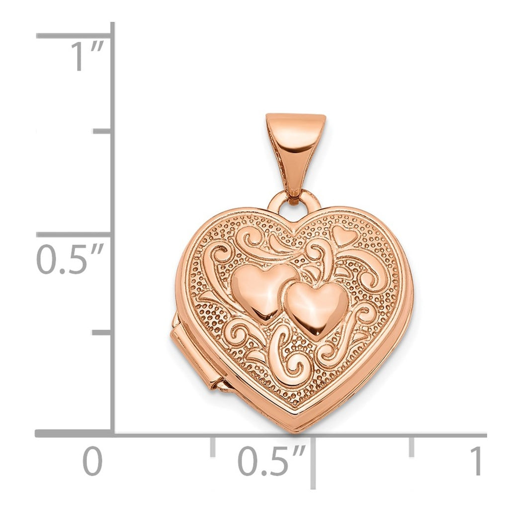 14k Rose Gold Textured Double Heart Scroll Design 15mm Heart Locket – Elegant Jewelry Gift for Birthday, Anniversary, Engagement, Wedding
