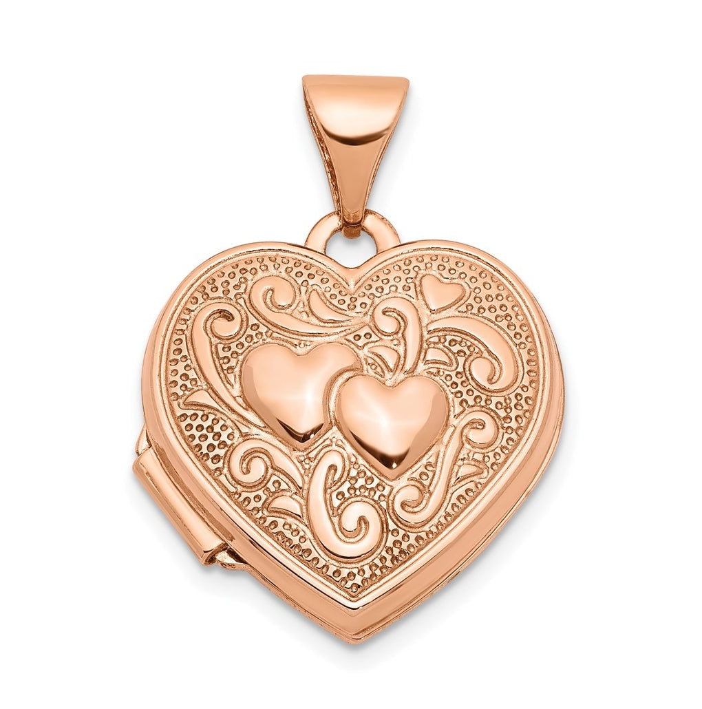 14k Rose Gold Textured Double Heart Scroll Design 15mm Heart Locket – Elegant Jewelry Gift for Birthday, Anniversary, Engagement, Wedding