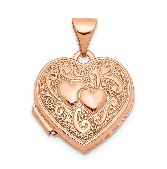 14k Rose Gold Textured Double Heart Scroll Design 15mm Heart Locket – Elegant Jewelry Gift for Birthday, Anniversary, Engagement, Wedding