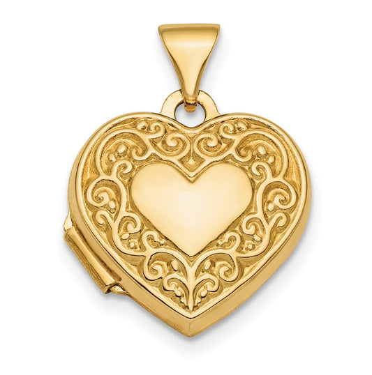 14K Yellow Gold Polished Fancy Scroll Design Reversible 15mm Heart Locket – Elegant Jewelry Gift for Birthday, Anniversary, Engagement, Wedding