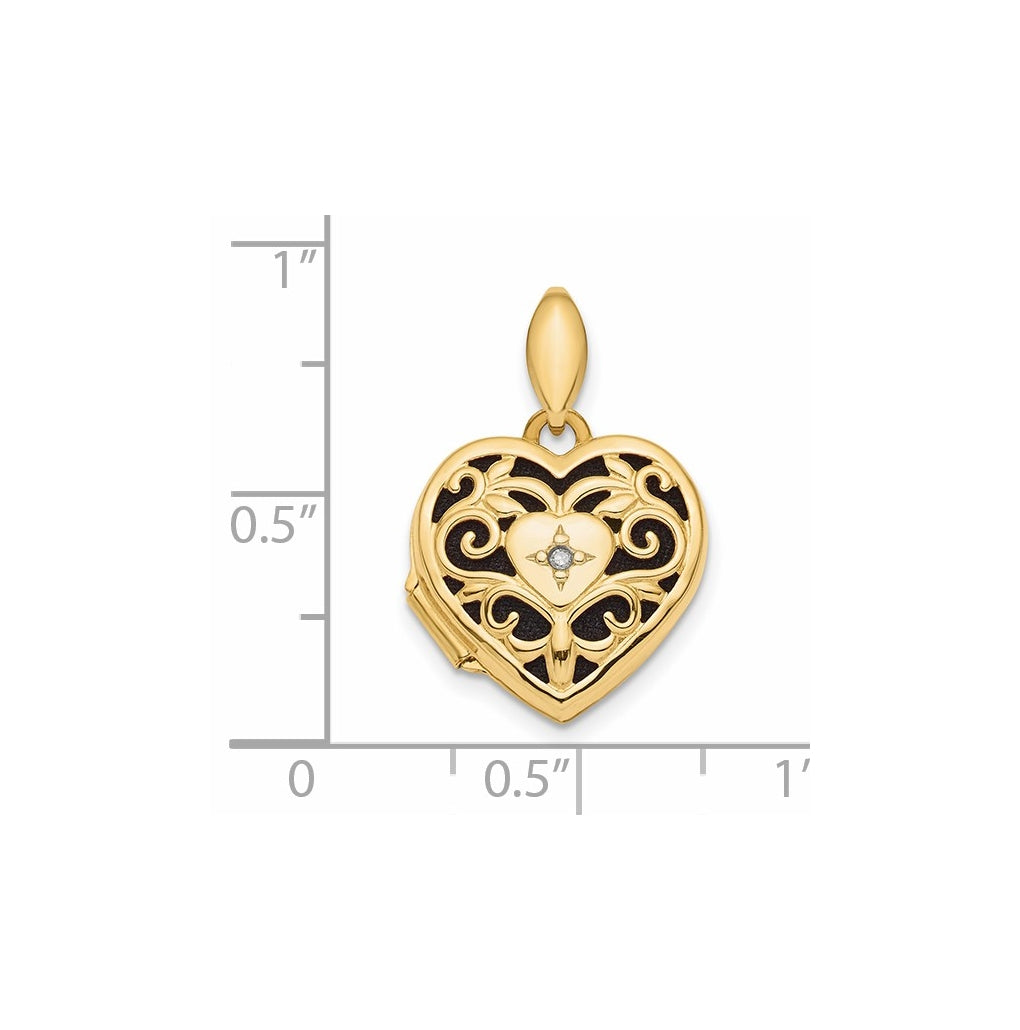 14K Yellow Gold Polished Filigree w/ Black Fabric Diamond Heart Locket – Elegant Jewelry Gift for Birthday, Anniversary, Engagement, Wedding