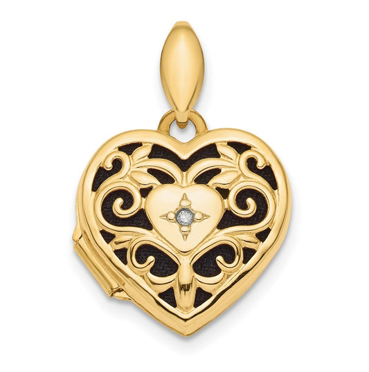14K Yellow Gold Polished Filigree w/ Black Fabric Diamond Heart Locket – Elegant Jewelry Gift for Birthday, Anniversary, Engagement, Wedding