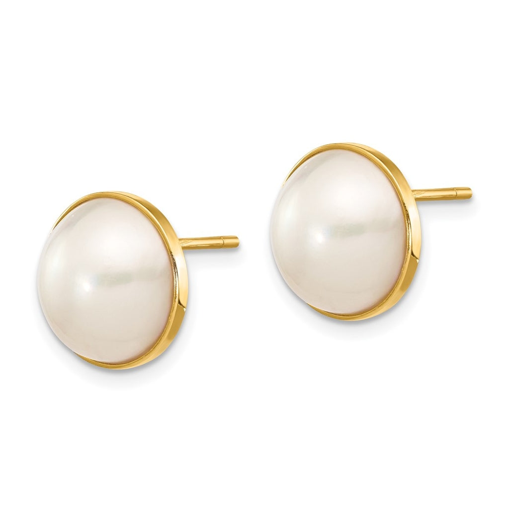 14K Yellow Gold 9-10mm White Freshwater Cultured Mabe Pearl Post Earrings – Elegant Jewelry Gift for Birthday, Anniversary, Engagement, Wedding