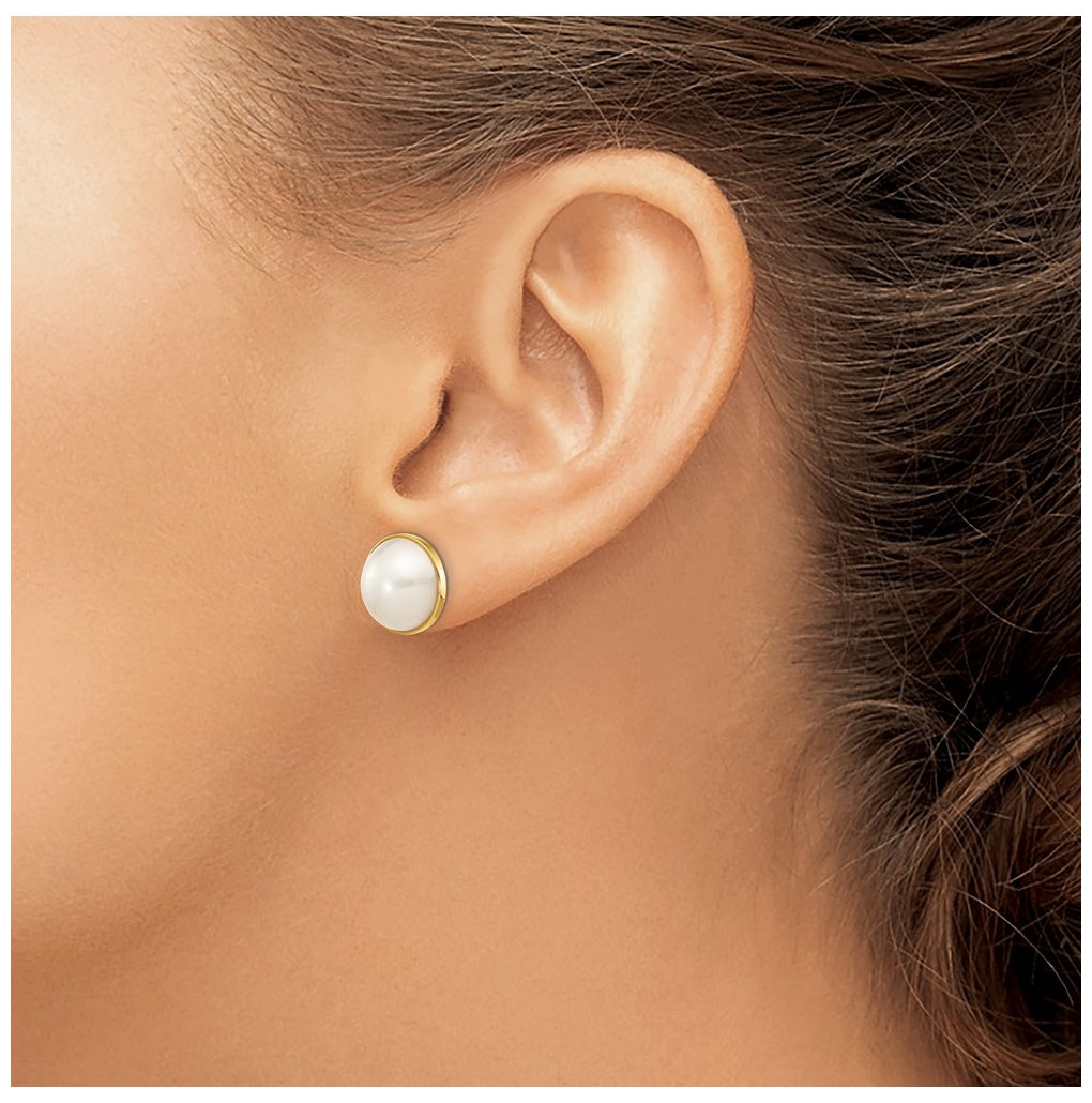 14K Yellow Gold 9-10mm White Freshwater Cultured Mabe Pearl Post Earrings – Elegant Jewelry Gift for Birthday, Anniversary, Engagement, Wedding
