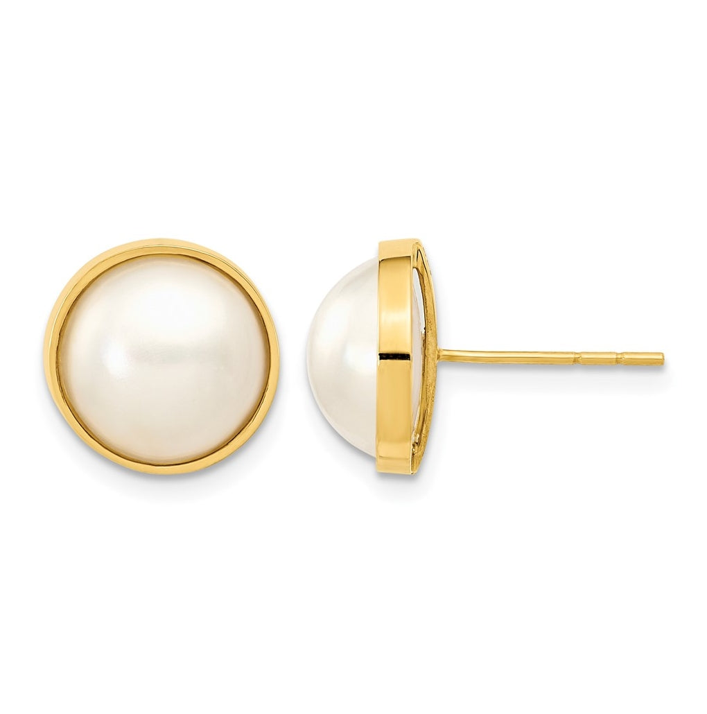 14K Yellow Gold 9-10mm White Freshwater Cultured Mabe Pearl Post Earrings – Elegant Jewelry Gift for Birthday, Anniversary, Engagement, Wedding