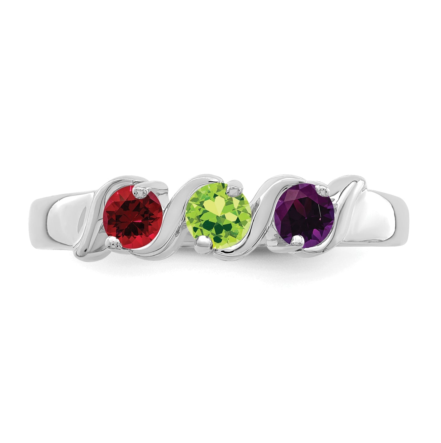 Sterling Silver Rhodium plated Synthetic 3 Stone Mother's Ring, 3mm Band width