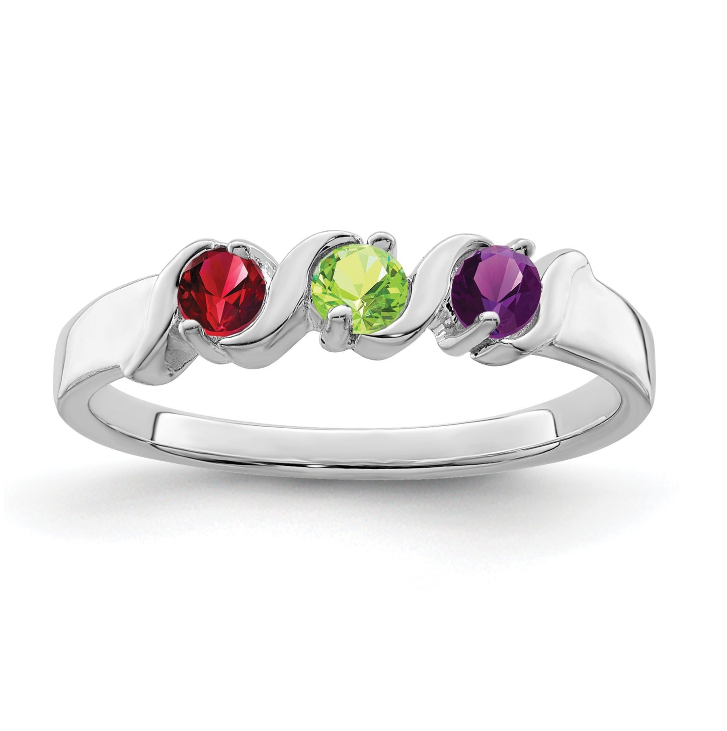Sterling Silver Rhodium plated Synthetic 3 Stone Mother's Ring, 3mm Band width