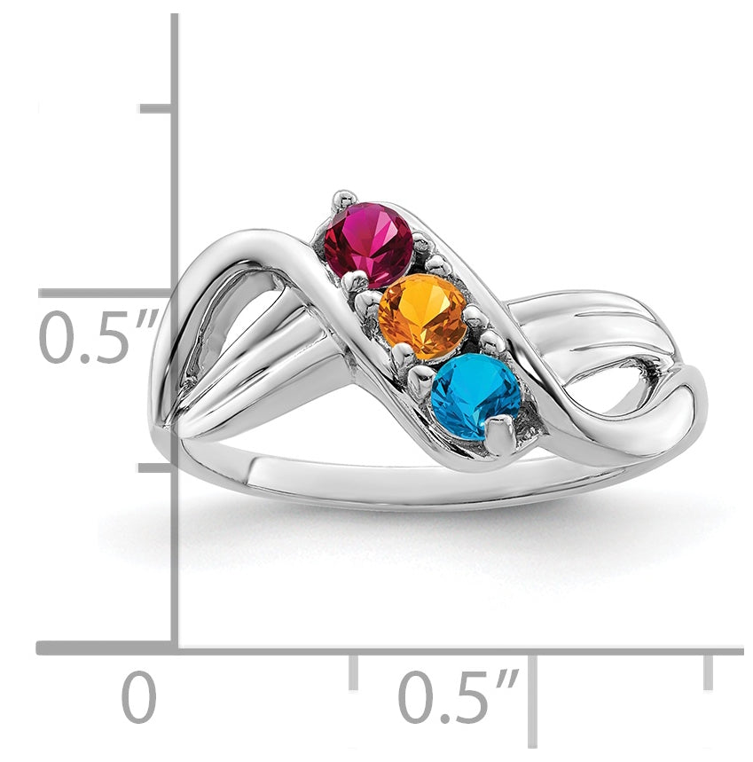 Sterling Silver Rhodium plated Synthetic 3 Stone Mother's Ring, 2 mm Band width