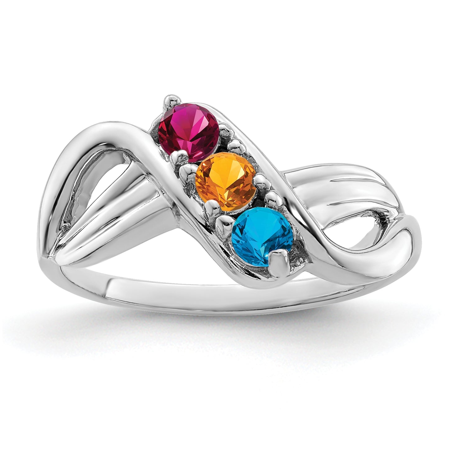 Sterling Silver Rhodium plated Synthetic 3 Stone Mother's Ring, 2 mm Band width