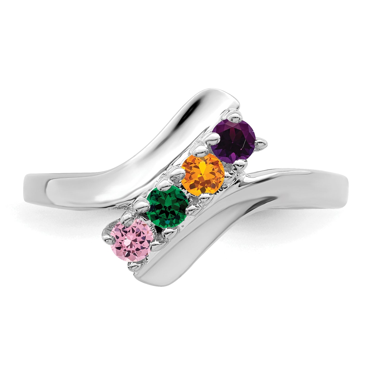 Sterling Silver Rhodium plated Synthetic 4 Stone Family & Mother's Ring,  2 mm Band width