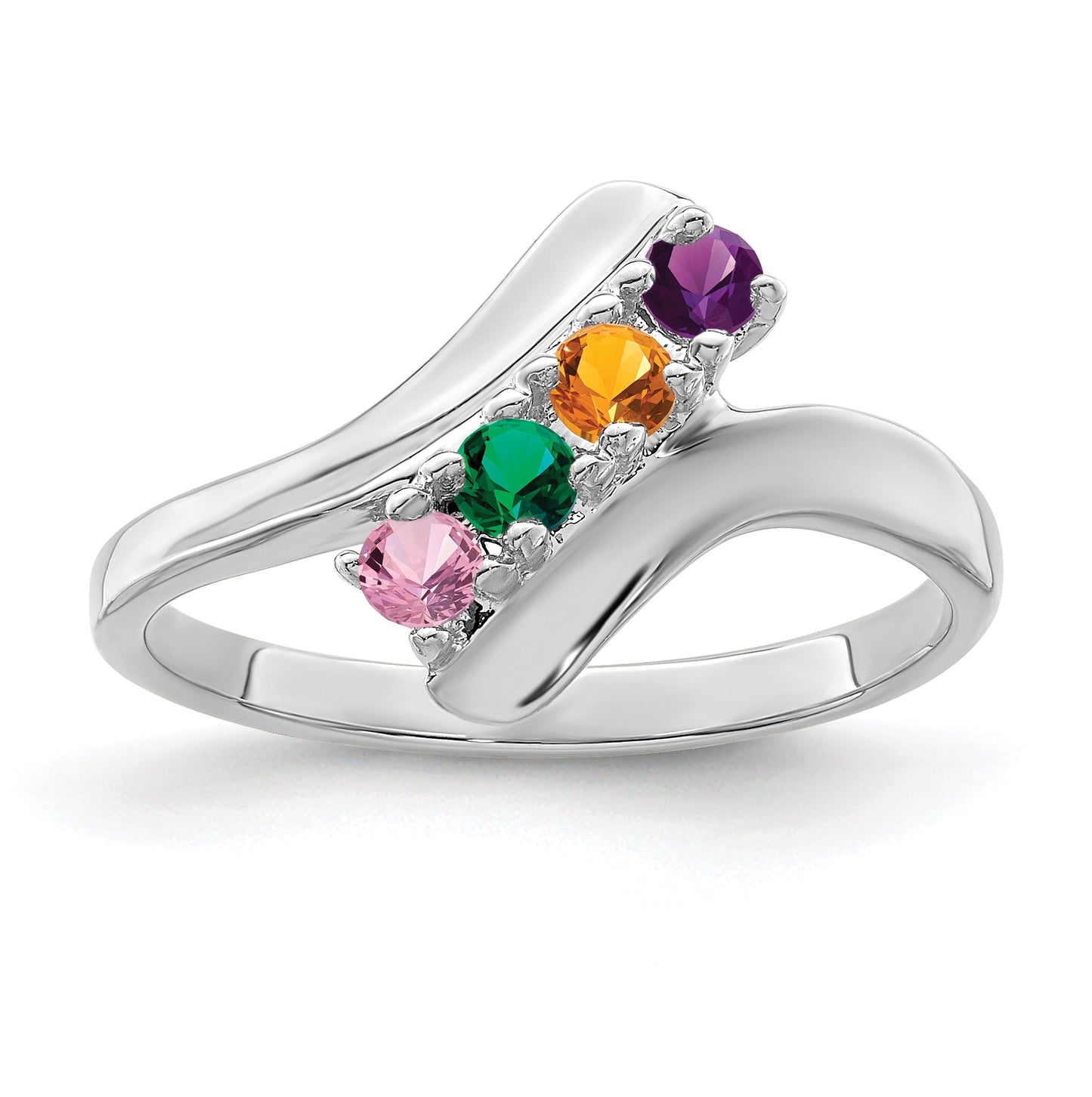 Sterling Silver Rhodium plated Synthetic 4 Stone Family & Mother's Ring,  2 mm Band width