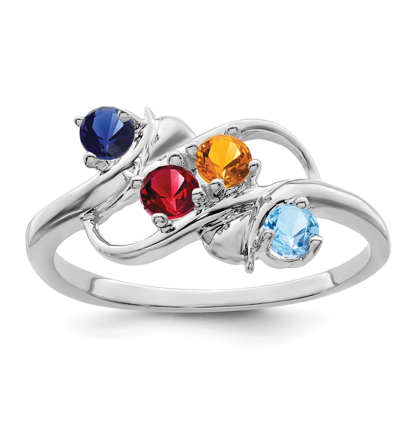 Sterling Silver Rhodium plated Genuine 4 Stone Mother's Ring, Size 6