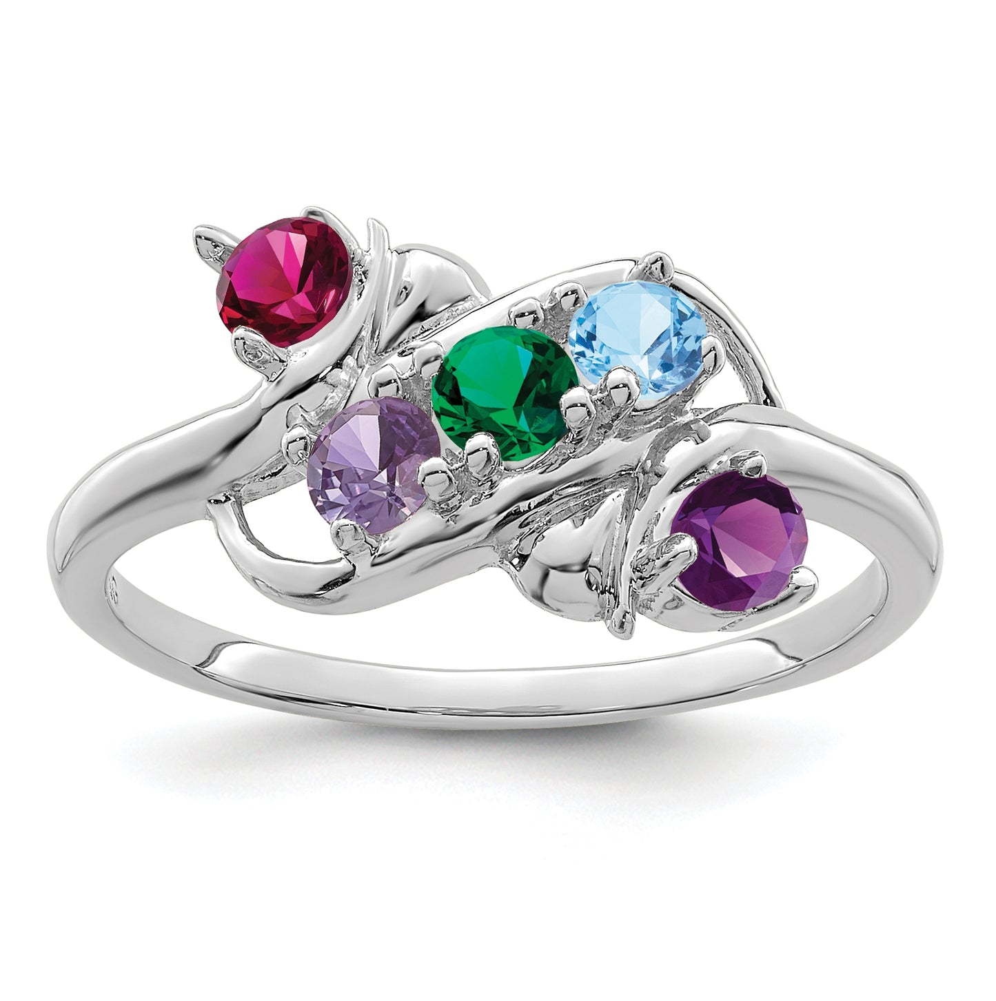 Sterling Silver Rhodium plated Genuine 5 Stone Mother's Ring, Size 10