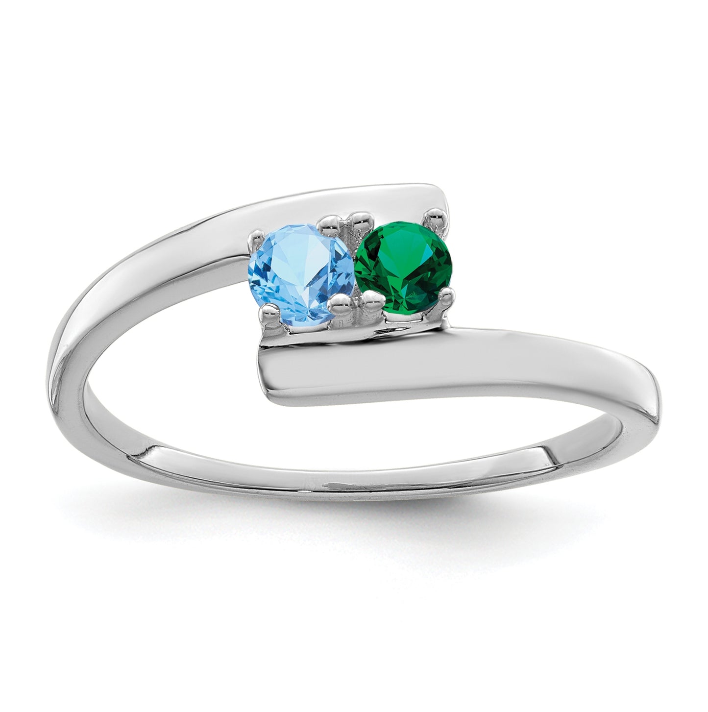 Sterling Silver Rhodium plated Synthetic 3mm 2 Stone Mother's Ring, 2mm Band width