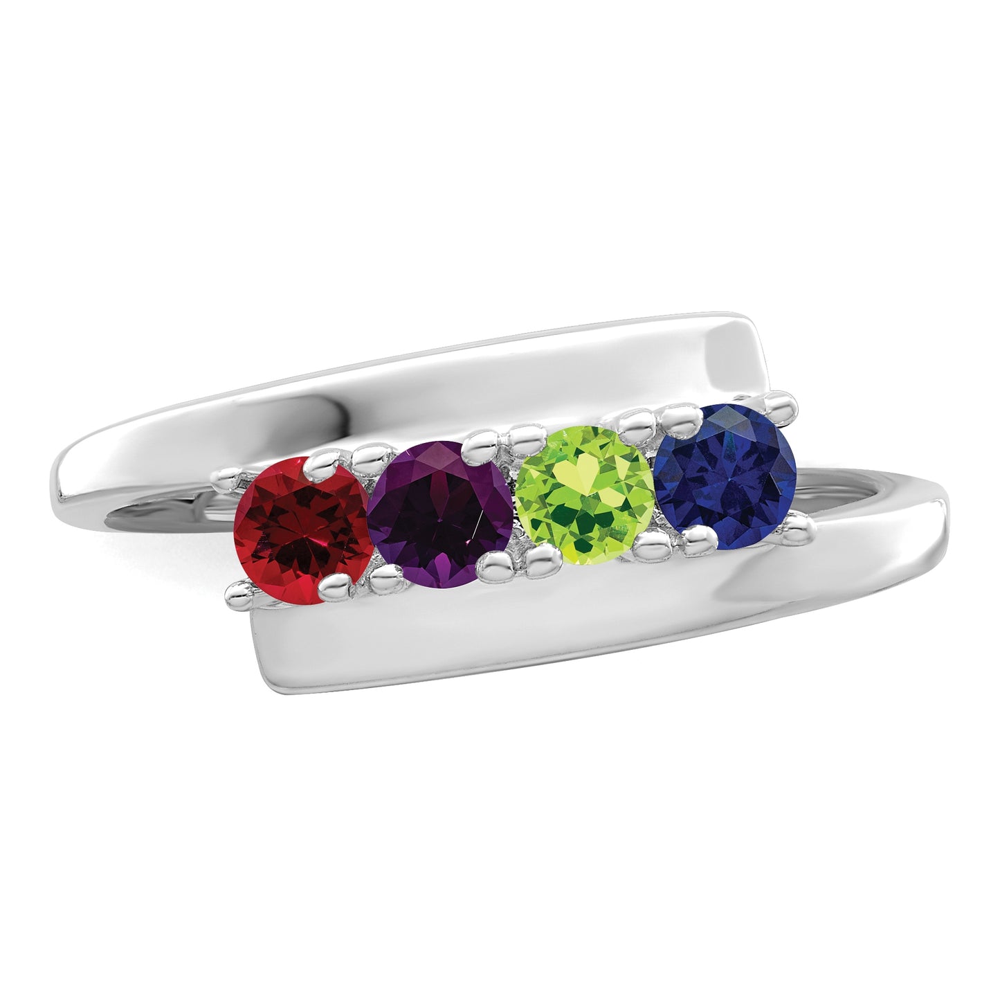 Sterling Silver Rhodium plated Synthetic 3mm 4 Stone Mother's Ring,  2 mm Band width