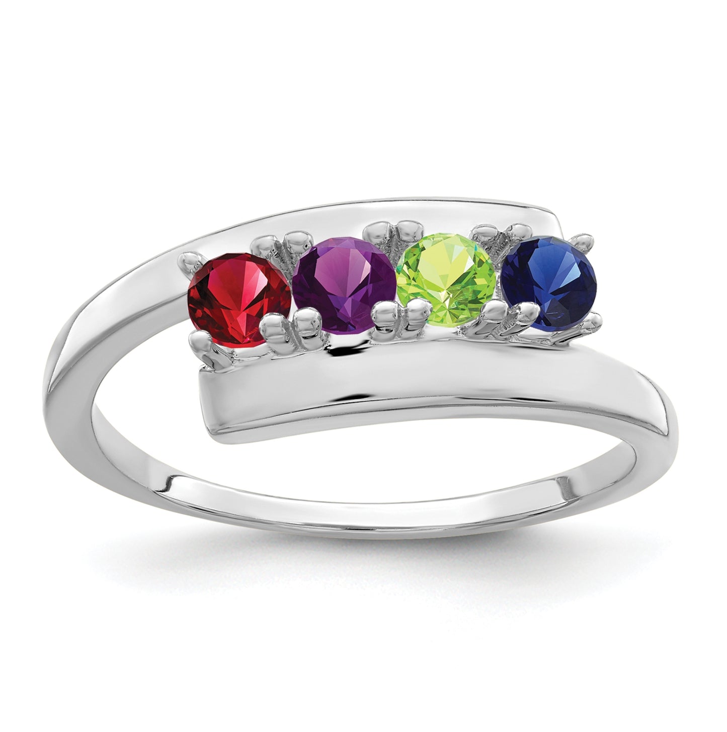 Sterling Silver Rhodium plated Synthetic 3mm 4 Stone Mother's Ring,  2 mm Band width
