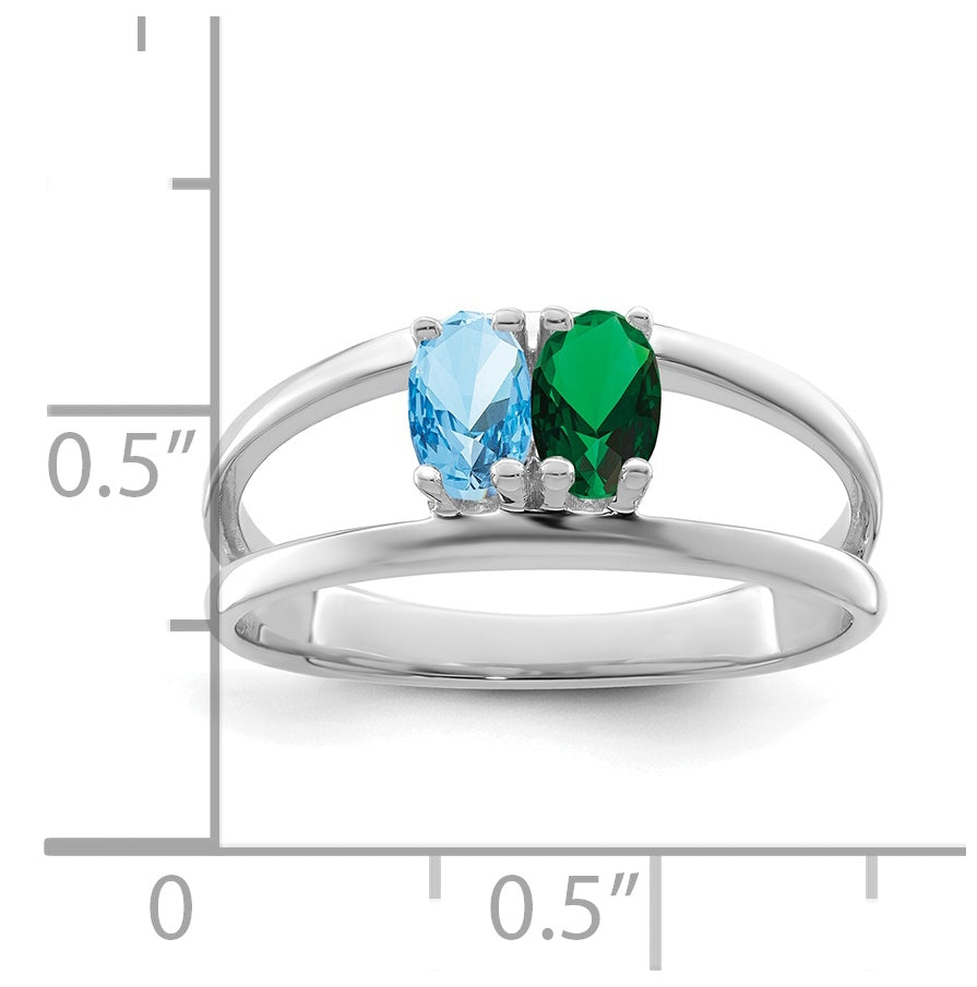 Sterling Silver Rhodium plated Synthetic 5x3mm 2 Stone Mother's Ring, , 2mm Band width