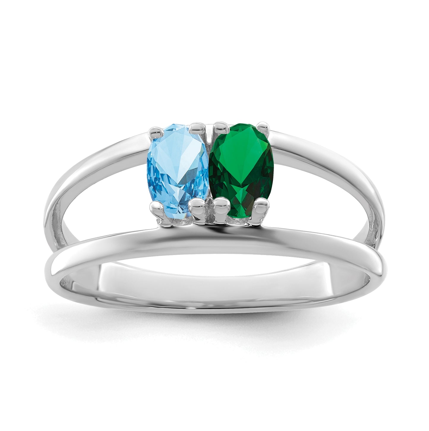 Sterling Silver Rhodium plated Synthetic 5x3mm 2 Stone Mother's Ring, , 2mm Band width