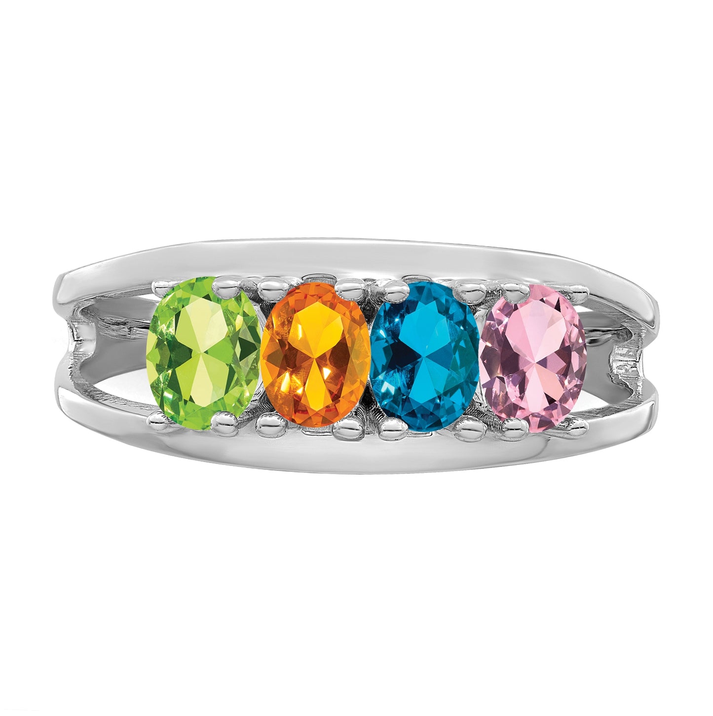 Sterling Silver Rhodium plated Synthetic 5x3mm 4 Stone Mother's Ring,  2 mm Band width