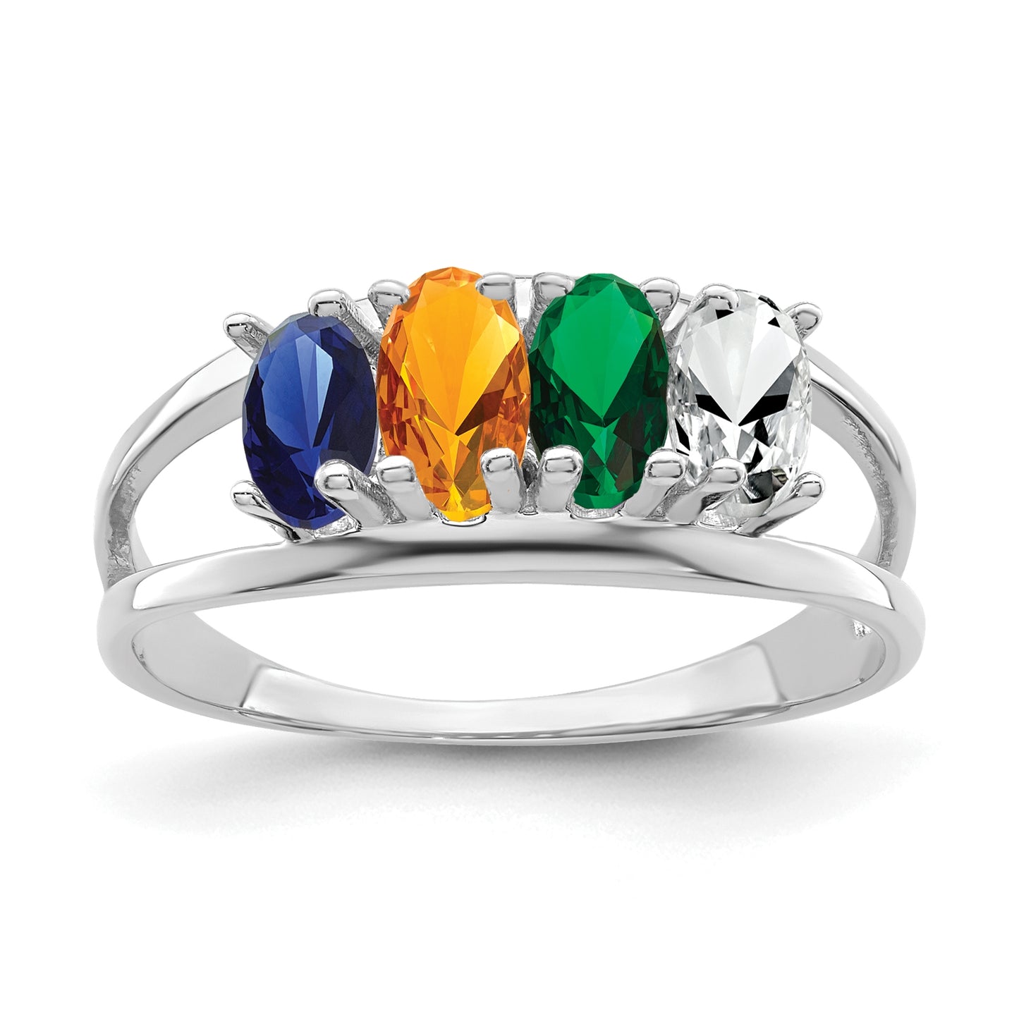 Sterling Silver Rhodium plated Synthetic 5x3mm 4 Stone Mother's Ring,  2 mm Band width