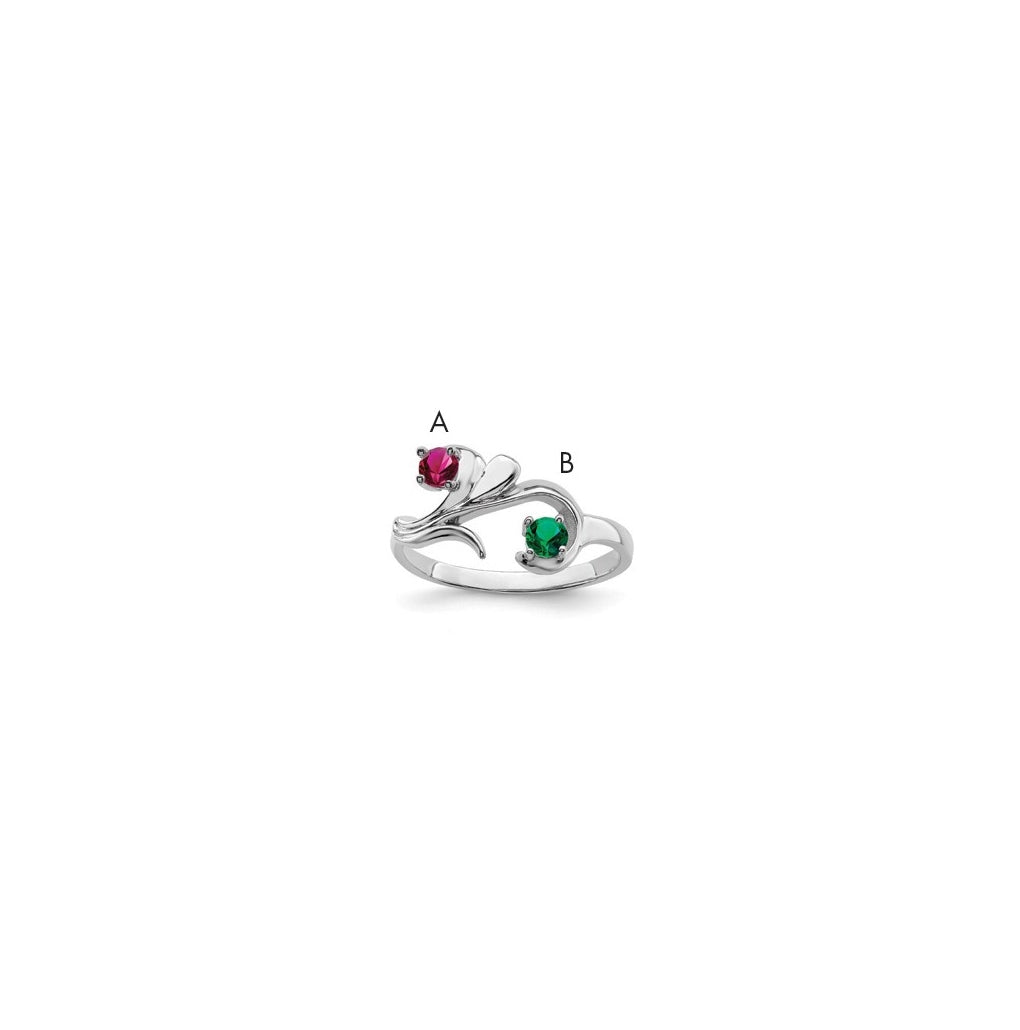 Sterling Silver Rhodium plated Synthetic 2 Stone Mother's Ring, 3mm Band width