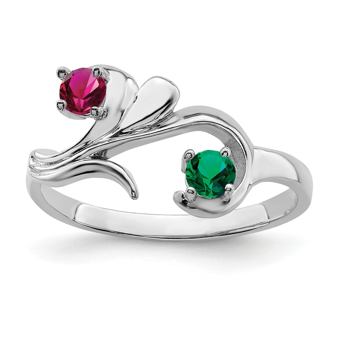 Sterling Silver Rhodium plated Synthetic 2 Stone Mother's Ring, 3mm Band width
