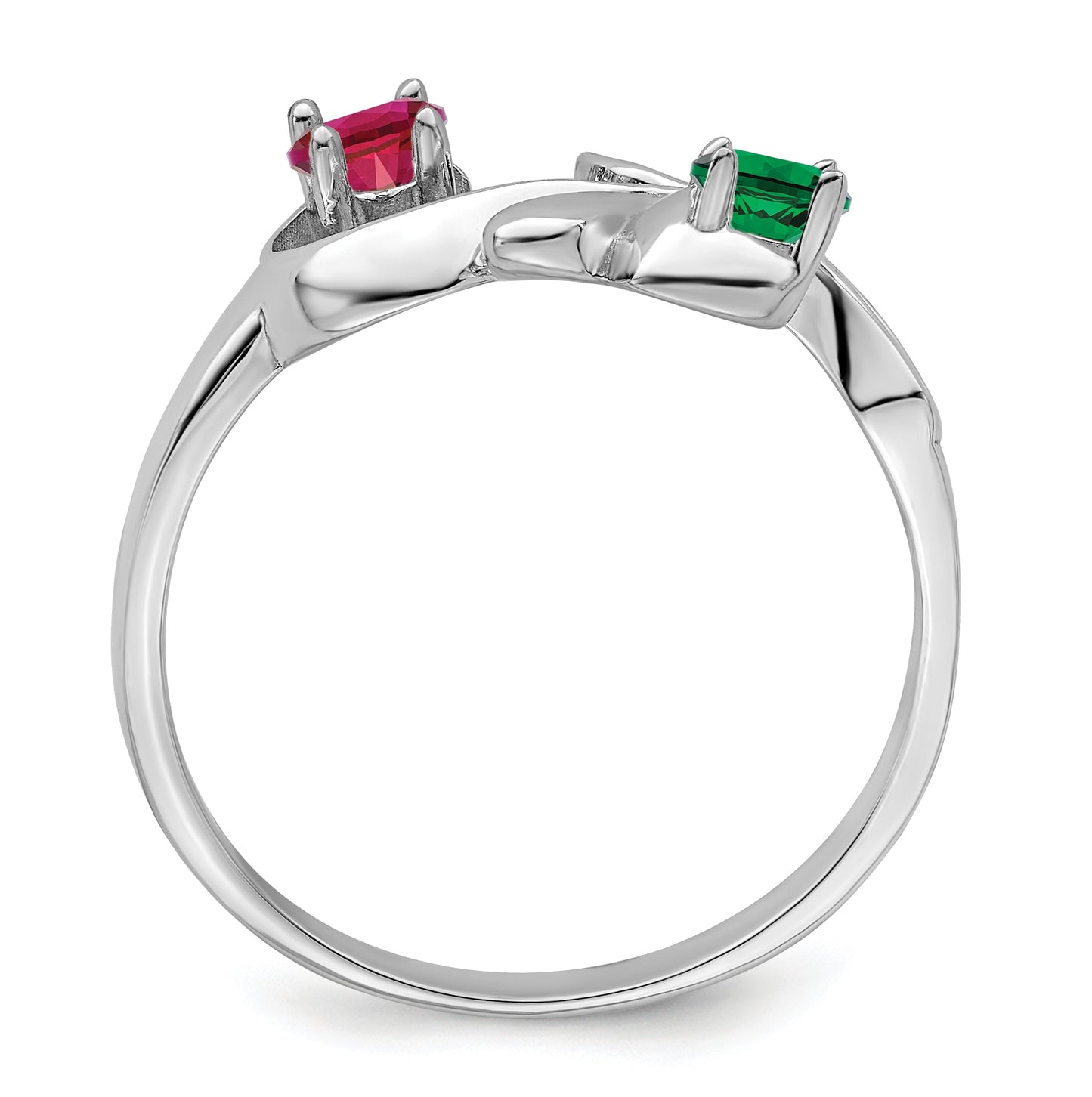 Sterling Silver Rhodium plated Synthetic 2 Stone Mother's Ring, 3mm Band width