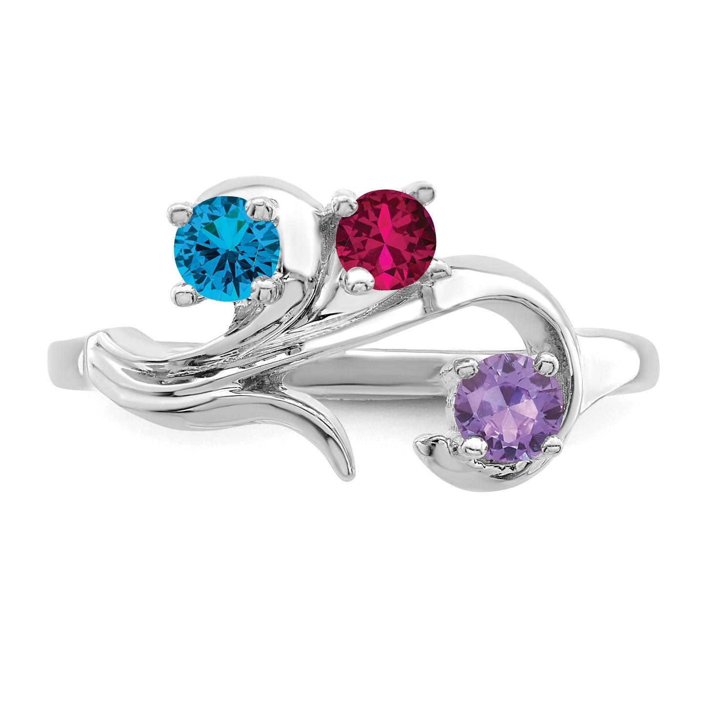 Sterling Silver Rhodium plated Synthetic 3mm 3 Stone Mother's Ring, 3mm Band width