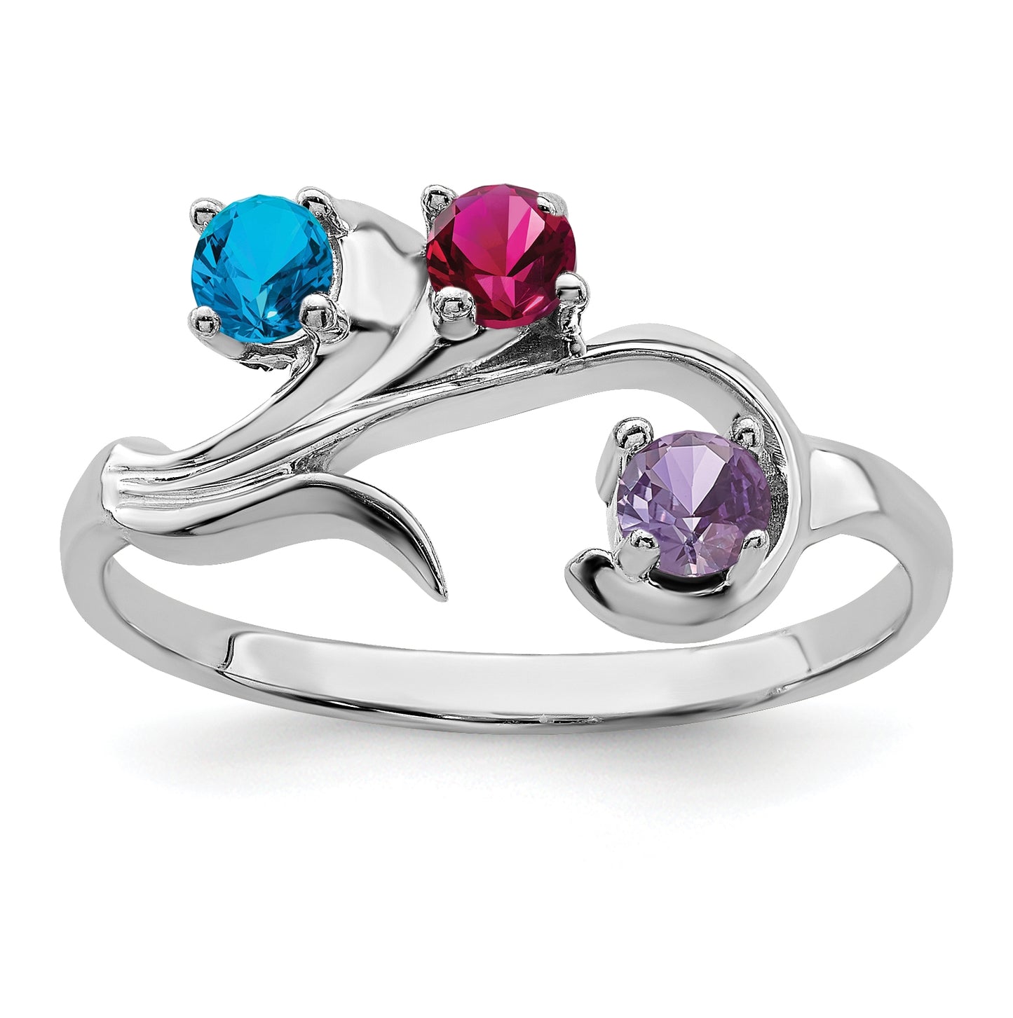 Sterling Silver Rhodium plated Synthetic 3mm 3 Stone Mother's Ring, 3mm Band width