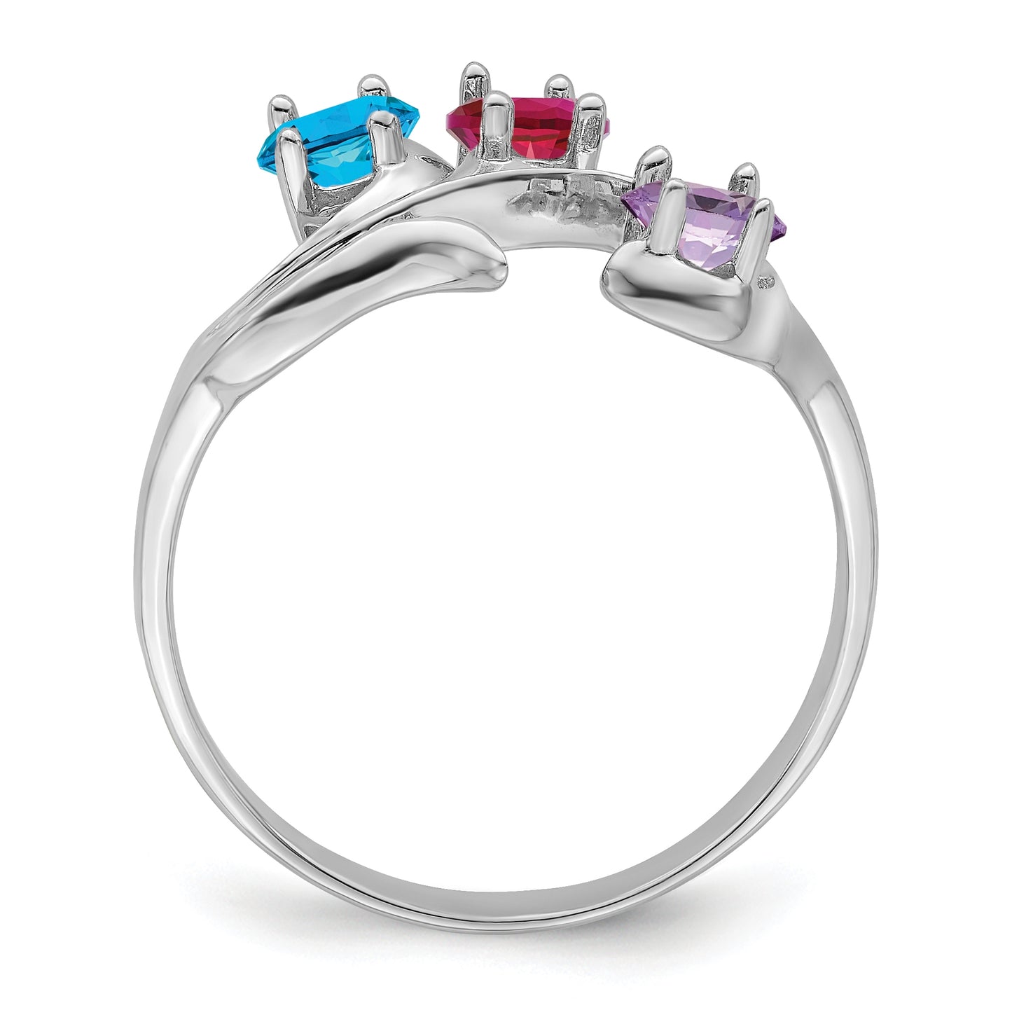 Sterling Silver Rhodium plated Synthetic 3mm 3 Stone Mother's Ring, 3mm Band width