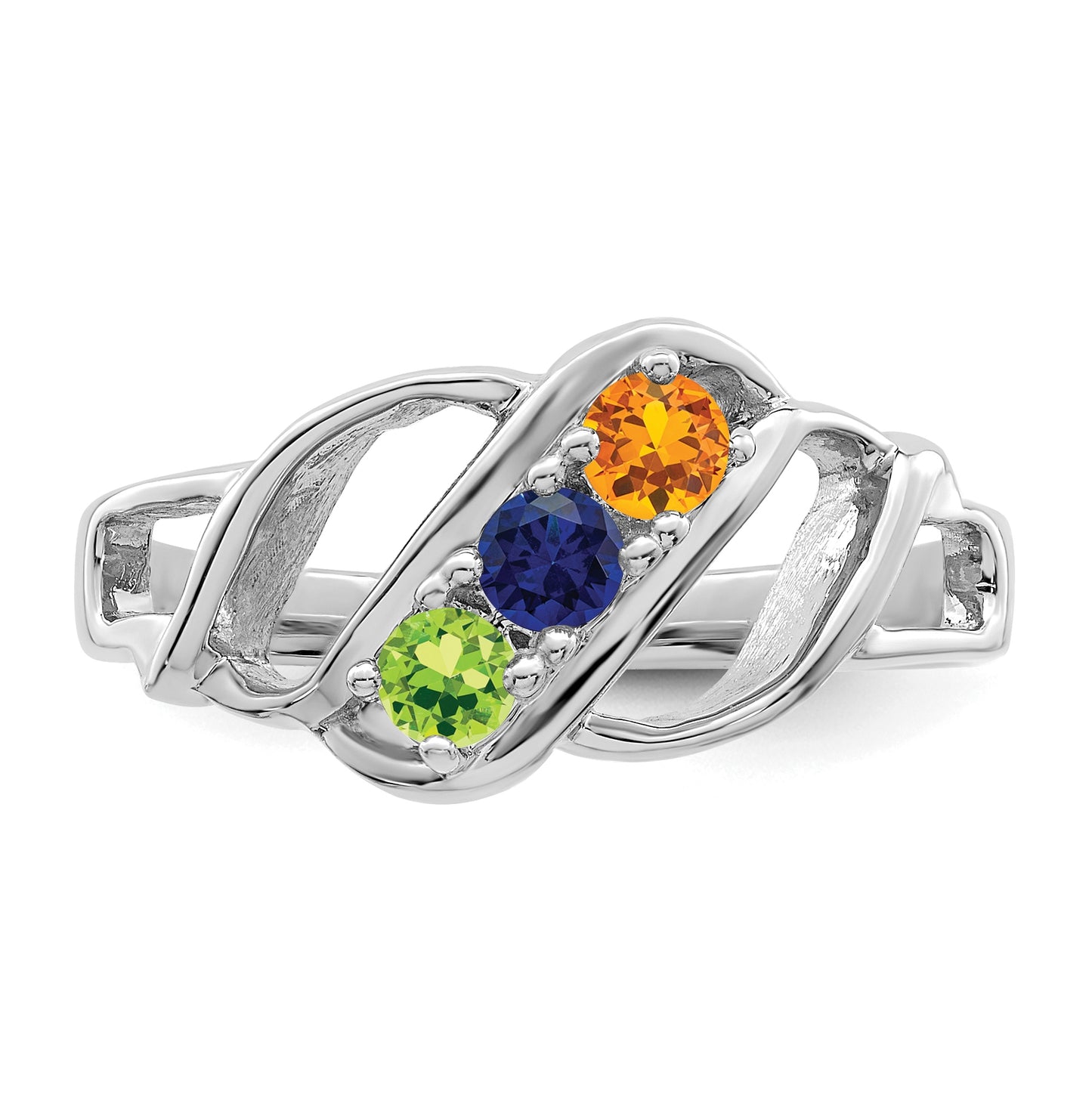 Sterling Silver Rhodium plated Synthetic 3mm 3 Stone Mother's Ring, 2 mm Band width
