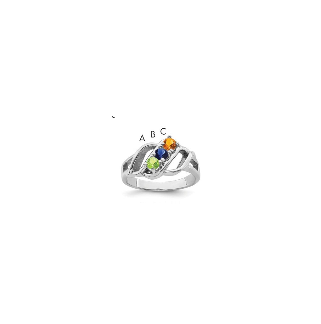 Sterling Silver Rhodium plated Synthetic 3mm 3 Stone Mother's Ring, 2 mm Band width