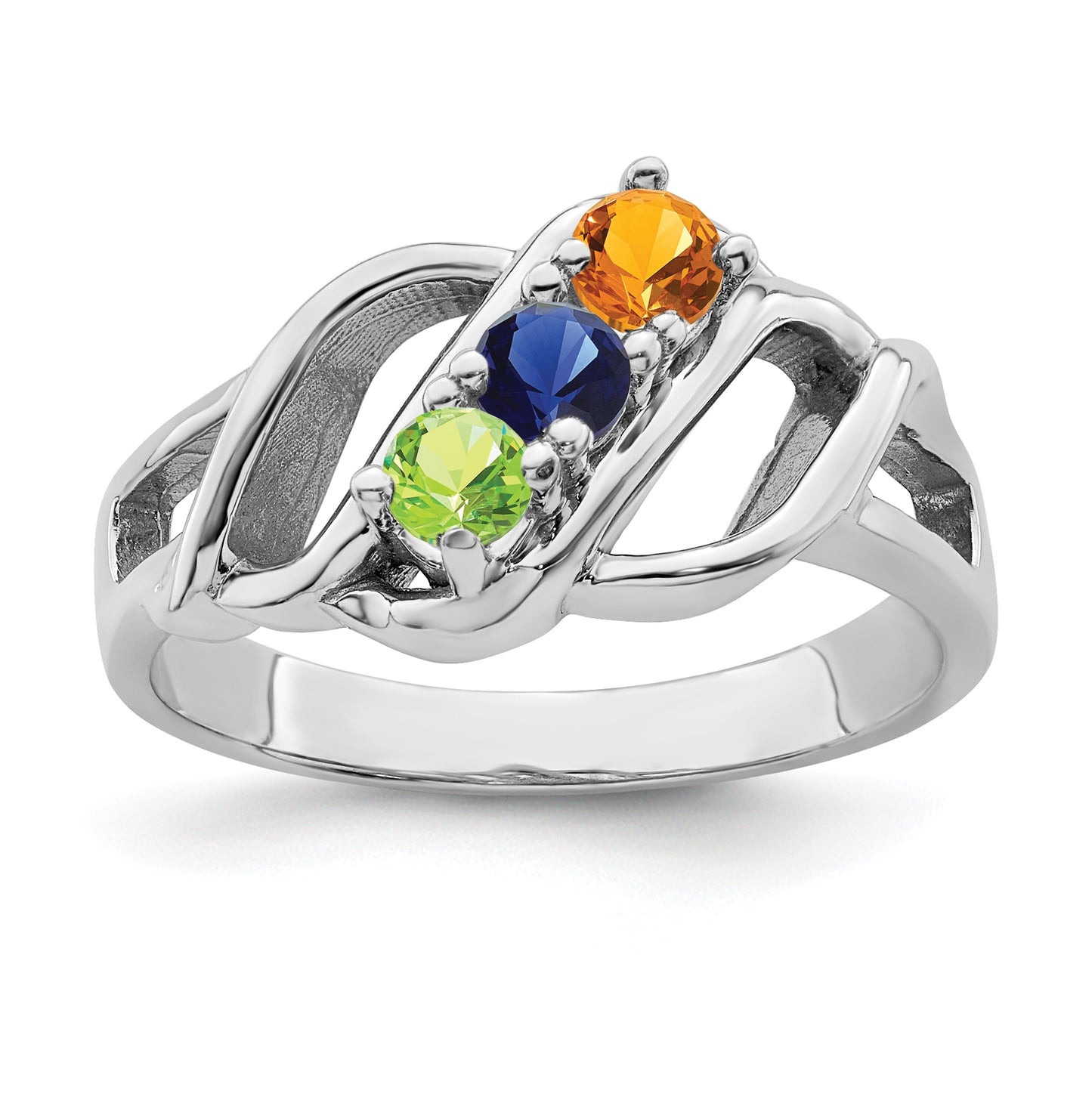 Sterling Silver Rhodium plated Synthetic 3mm 3 Stone Mother's Ring, 2 mm Band width