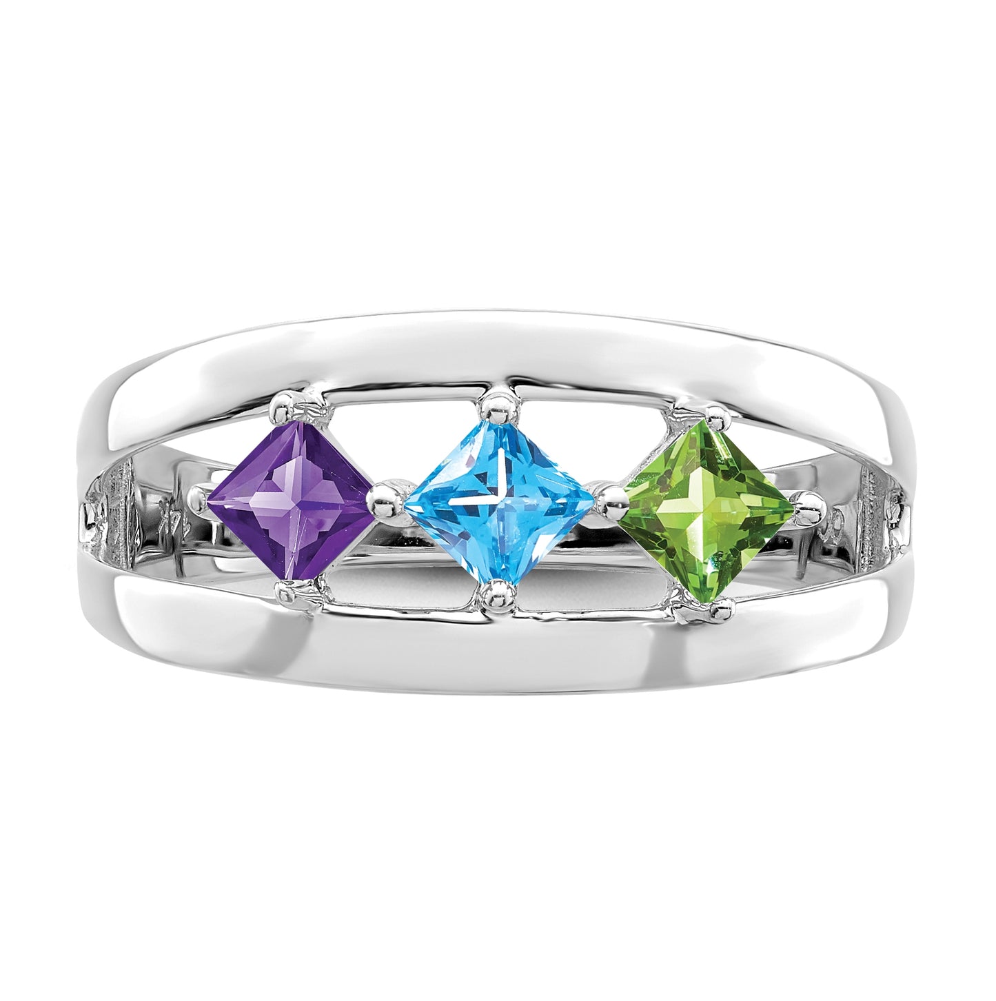 Sterling Silver Rhodium plated Synthetic 3-Stone Family Jewelry Ring