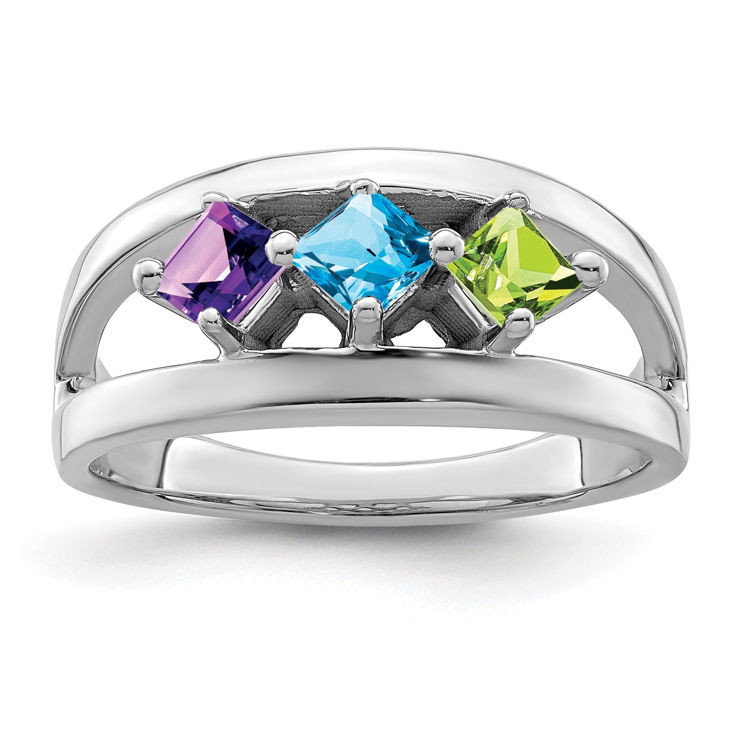 Sterling Silver Rhodium plated Synthetic 3-Stone Family Jewelry Ring